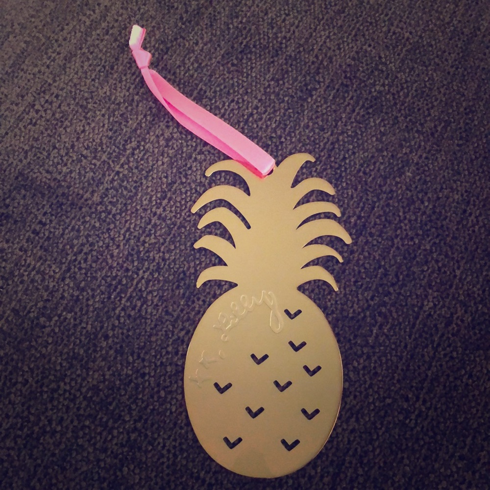 Lilly Pulitzer Gold Pineapple Christmas Ornament with Pink Ribbon
